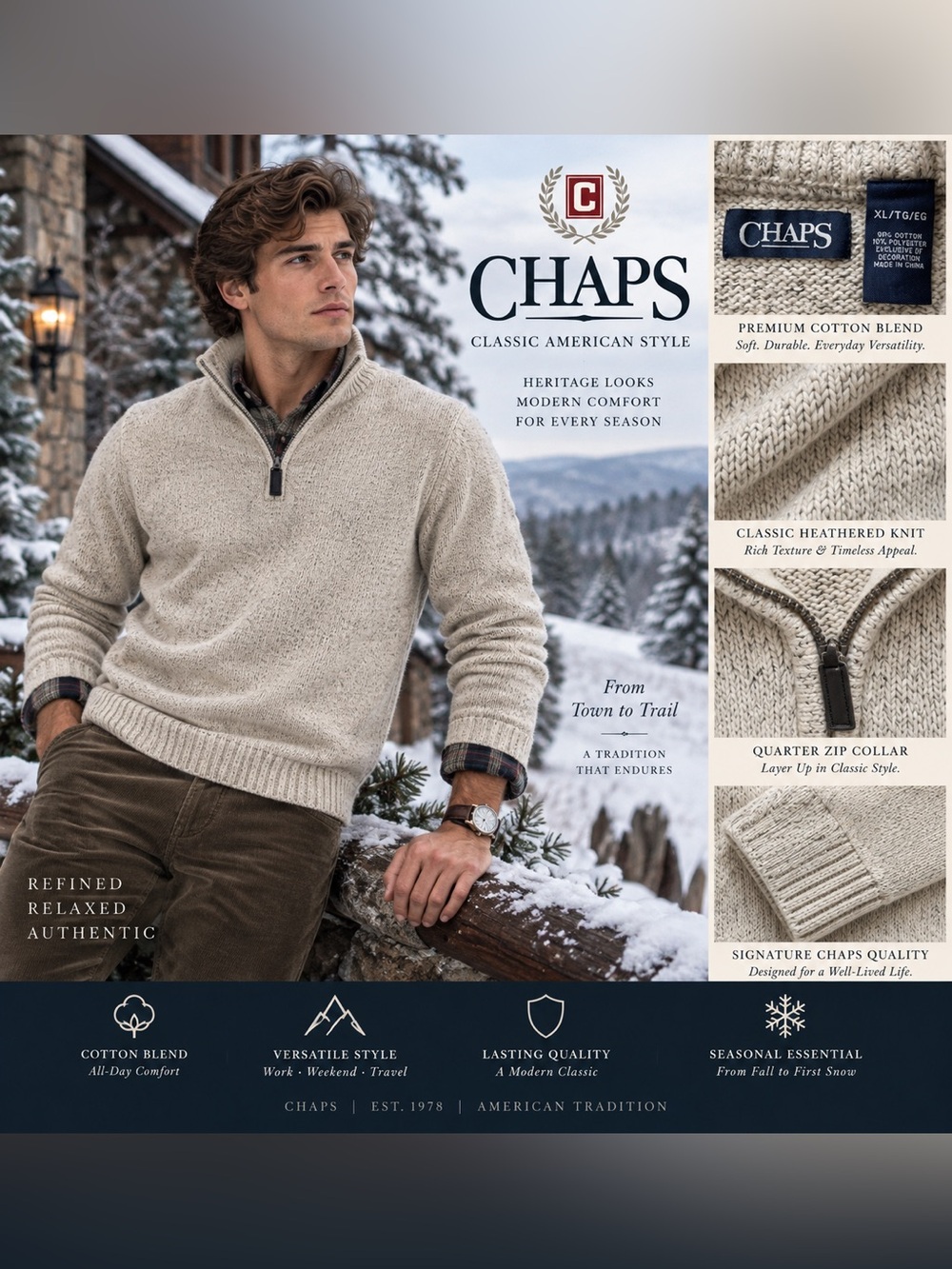 Chaps Men's Zip-Neck Sweater in Oatmeal Heather